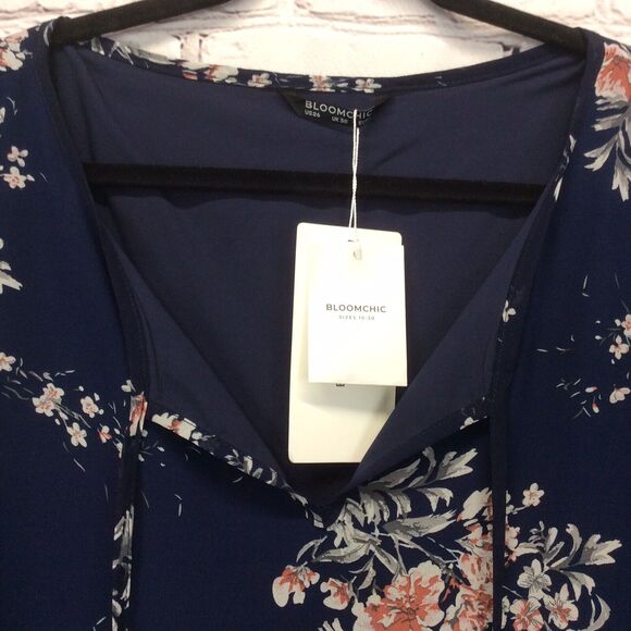 Bloomchic Tunic Women's Plus Size 26 Blue/Pink Floral Boho Sheer Lined Tie Neck - Picture 6 of 11